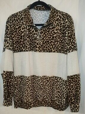 Leopard Print Half-Zip Pullover with Cream Stripe